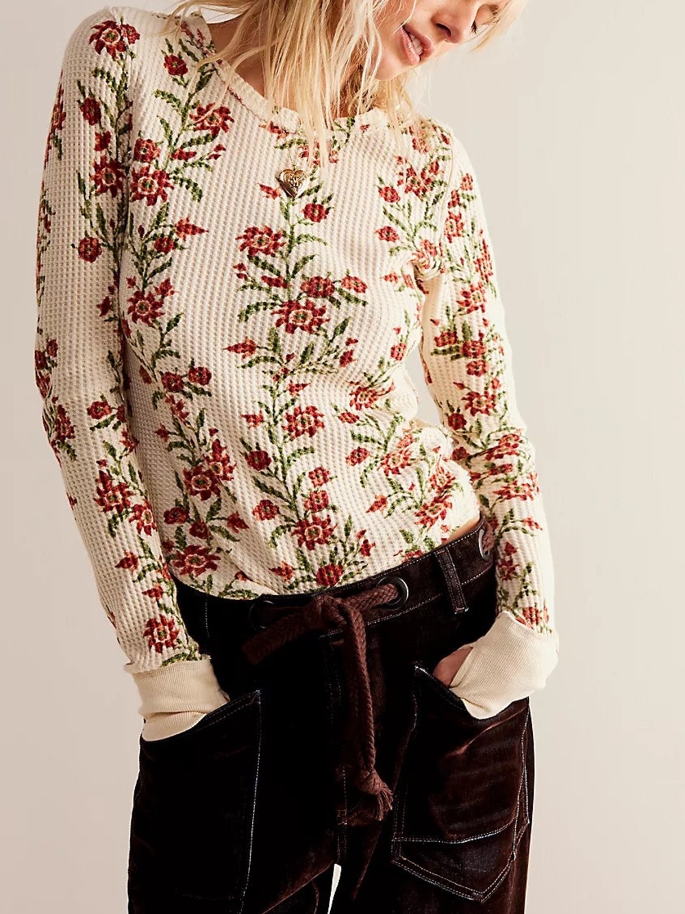 FREE PEOPLE We The Free Pretty Little Thermal-Sand Combo Folk Vine-Size X-Small